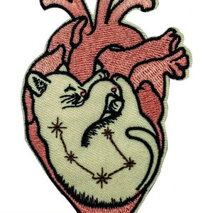 Iron On Patch, Heart with Cat Patch, Funny Cartoon Embroidered Badge Iron/Sew on